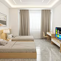 Modern Minimalist Hotel Guest Room With Twin Beds Wooden Headboards Nightstand Table Lamp And Wardrobe