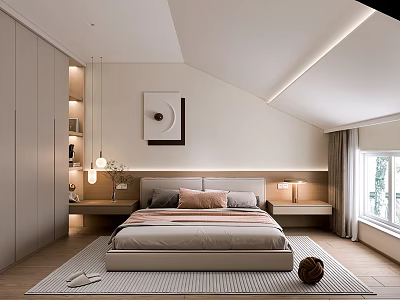 Modern Minimalist Bedroom With Platform Bed Wooden Floor And Artwork Curtains Natural Light 3d model