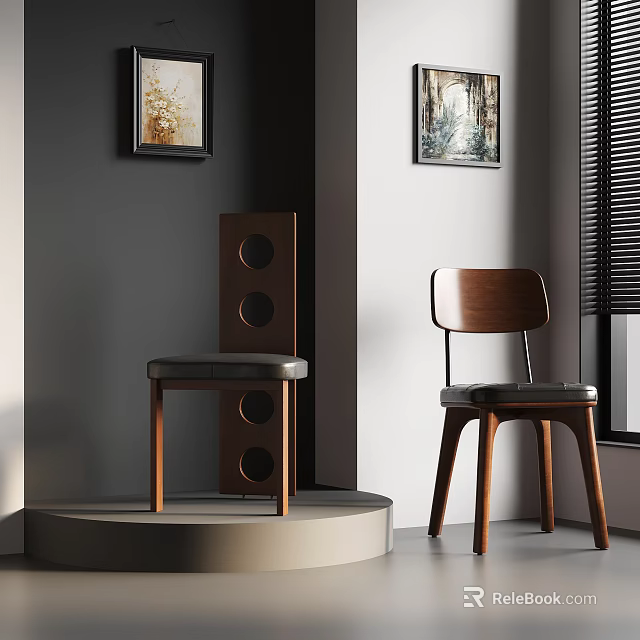 Two Modern Design Wooden Chairs On Platform With Wall Paintings And Window Blinds 3d model 