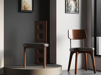 Two Modern Design Wooden Chairs On Platform With Wall Paintings And Window Blinds 3d model