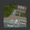 Cartoon Scene Featuring Houses Trees Vehicles Dock And Water Platform