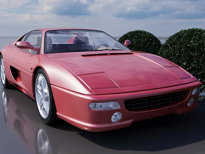 Red Sports Car Exterior Design Parked On Reflective Surface With Green Bushes Background 3d model