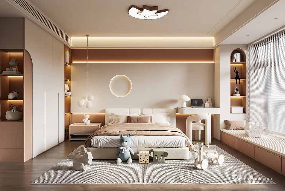 Modern Cozy Kids Room Interior With Bed Stuffed Toys Bookshelves And Rug 3d model 