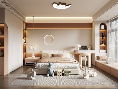 Modern Cozy Kids Room Interior With Bed Stuffed Toys Bookshelves And Rug 3d model