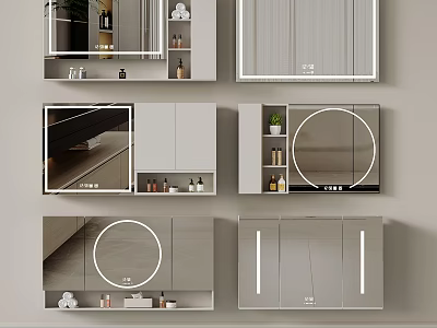Modern Bathroom Mirrors with Round Design LED Lights and Storage Cabinets 3d model