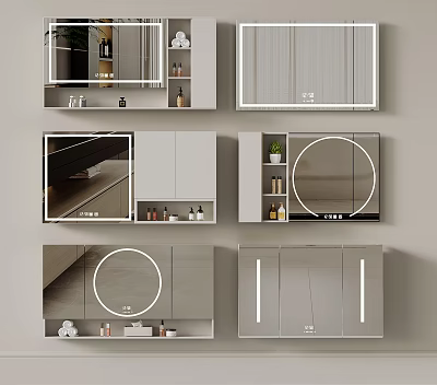 Modern Bathroom Mirrors with Round Design LED Lights and Storage Cabinets 3d model