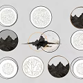 Round Wall Decor with Mountain Tree Patterns and Gold Black Metal Frames for Modern Interior 3d model