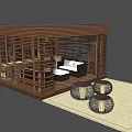 Cozy Wooden Pergola Seating Area With Sofas Coffee Table Hanging Lamp And Tree Pattern Backdrop