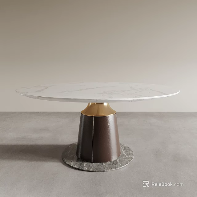 Elegant Round White Marble Dining Table With Gold And Dark Brown Sturdy Conical Base 3d model