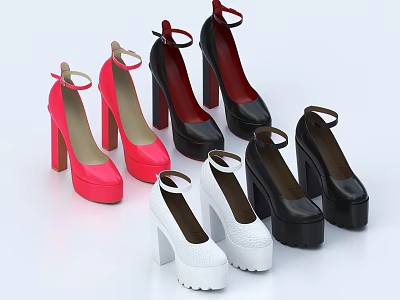 Stylish High Heels With Block Heel And Ankle Strap In Red Black White Colors 3d model