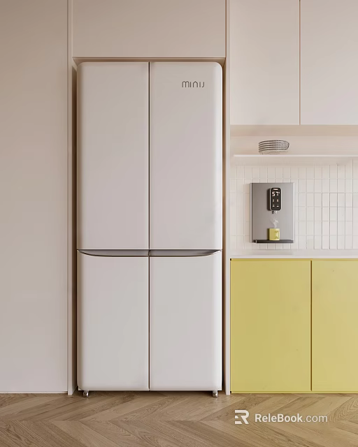 White Refrigerator Freezer In Modern Kitchen With Yellow Cabinets White Tile Backsplash And Small Appliances 3d model 