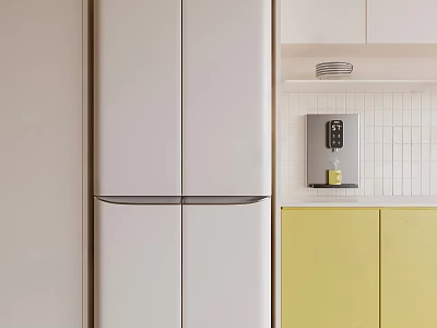 White Refrigerator Freezer In Modern Kitchen With Yellow Cabinets White Tile Backsplash And Small Appliances 3d model