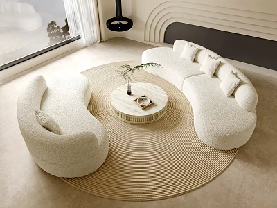 Elegant Plush White Curved Sofa and Coffee Table Set With Round Table Plant And Books 3d model