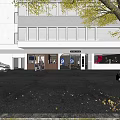 Modern Storefront Facade Design With Glass Doors Wooden Accents Trees And Pedestrians