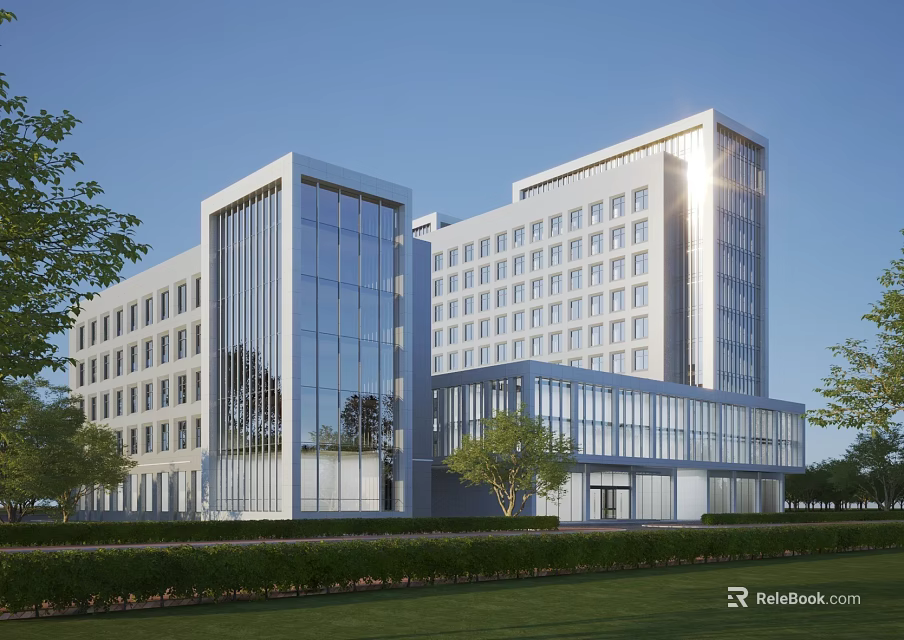 Modern Office Building Featuring Glass Curtain Walls Contemporary Facade And Green Surroundings 3d model 