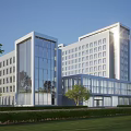 Modern Office Building Featuring Glass Curtain Walls Contemporary Facade And Green Surroundings