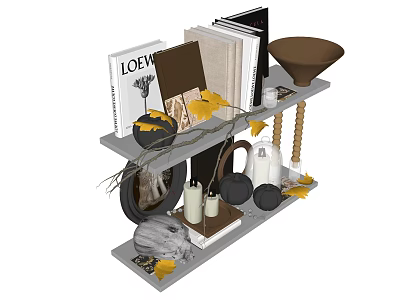 Stylish Decorative Ornament Set On Shelf With Books Vases Candles And Leaves 3d model