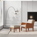 Stylish Brown Lounge Chair With Matching Ottoman Arched Floor Lamp White Blinds And Minimalist TV Wall In Modern Living Room