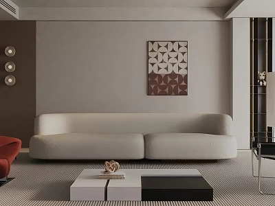 Modern Warm Neutral Living Room With Plush Curved Sofa And Stylish Geometric Wall Art 3d model