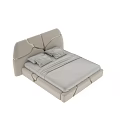 Modern Double Bed Interior Design With Beige Upholstered Headboard And Gold Accent Lines