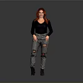 Woman With Red Hair Wearing Black Long Sleeve Top And Ripped Jeans With Black Boots