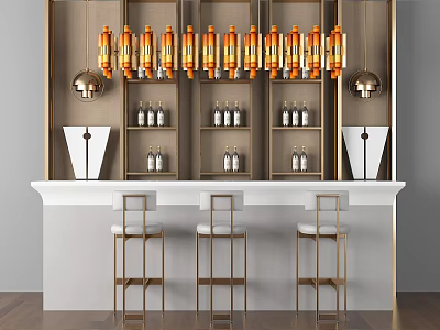 Stylish Bar Counter with Orange Pendant Lights Shelves Bottles and Golden Stools Wooden Backdrop 3d model