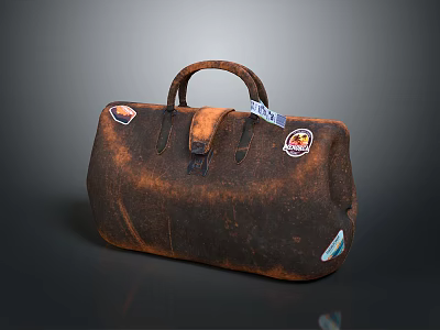 Vintage Brown Leather Handbag with Decorative Stickers and Handle Strap 3d model