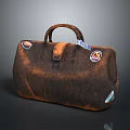 Vintage Brown Leather Handbag with Decorative Stickers and Handle Strap