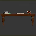 Wooden Long Table with Stacked Books Open Magazine and Small Toy Car