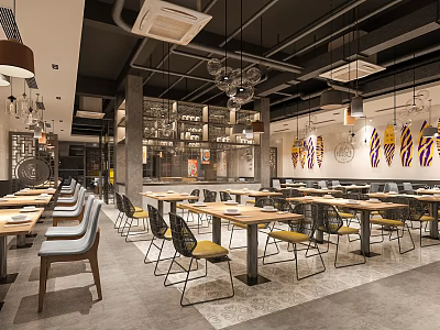 Modern Restaurant Interior With Tables Chairs Pendant Lights And Decorative Paintings On Walls 3d model