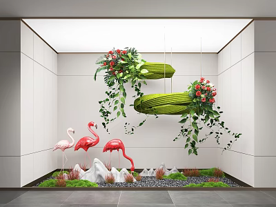 Indoor Landscape with Hanging Green Plant Decorations Pink Flamingos Gray Pebbles White Rockery and Lawn 3d model