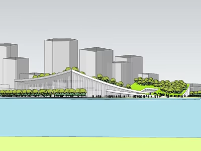 Modern Urban Architecture With Curved Roof Building Waterfront Greenery And Skyscrapers 3d model