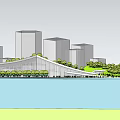 Modern Urban Architecture With Curved Roof Building Waterfront Greenery And Skyscrapers