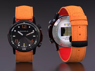Stylish Sporty Watch With Orange Strap Black Dial And Transparent Case Back 3d model