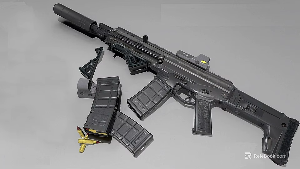Modern Tactical Rifle With Multiple Magazines And Accessories On White Surface 3d model