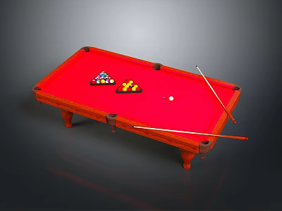 Red Wooden Billiard Table with Colored Balls Triangle Racks White Cue Ball and Pool Cues 3d model