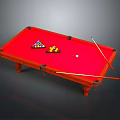 Red Wooden Billiard Table with Colored Balls Triangle Racks White Cue Ball and Pool Cues