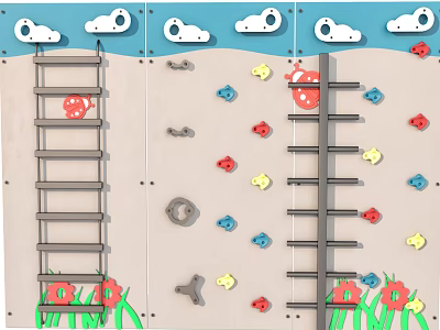 Playground Climbing Wall Equipment With Colorful Holds Ladders Mushroom Accents Cloud Background Flower Decorations 3d model