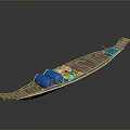 Traditional Wooden Water Transport Boat with Blue Cushions and Yellow Decorations