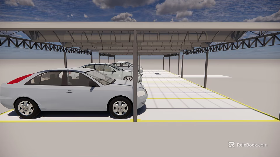 Covered Parking Lot With White Cars Yellow Lines And Cloudy Sky 3d model 