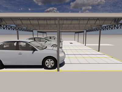 Covered Parking Lot With White Cars Yellow Lines And Cloudy Sky 3d model