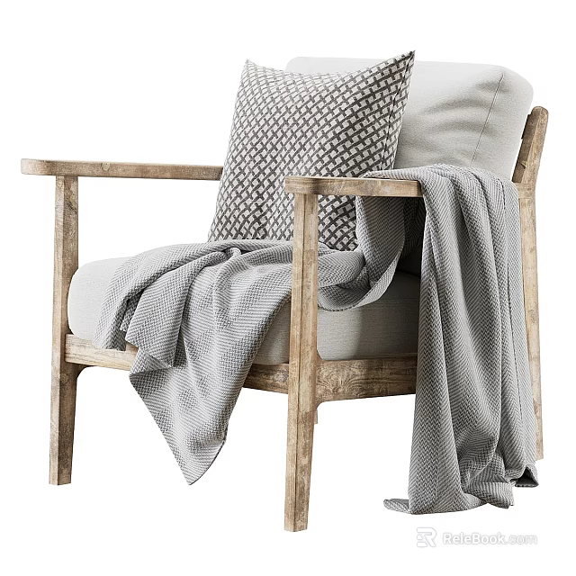 Cozy Accent Chair With Light Wooden Frame Patterned Pillow And Gray Blanket 3d model 