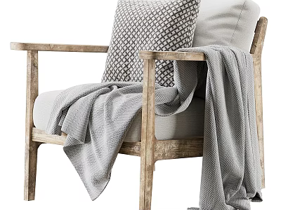 Cozy Accent Chair With Light Wooden Frame Patterned Pillow And Gray Blanket 3d model