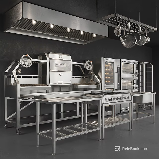 Commercial Kitchen Equipment With Stainless Steel Ovens Worktables And Racks 3d model 