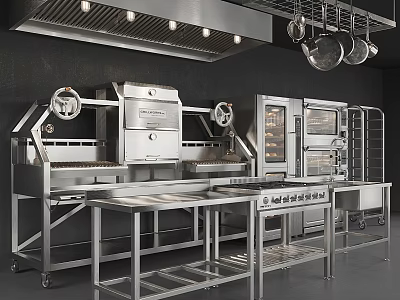 Commercial Kitchen Equipment With Stainless Steel Ovens Worktables And Racks 3d model