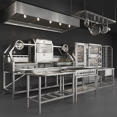 Commercial Kitchen Equipment With Stainless Steel Ovens Worktables And Racks 3d model