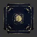 Ornate Blue Decorative Column With Golden Accents Circular Transparent Panels And Intricate Patterns