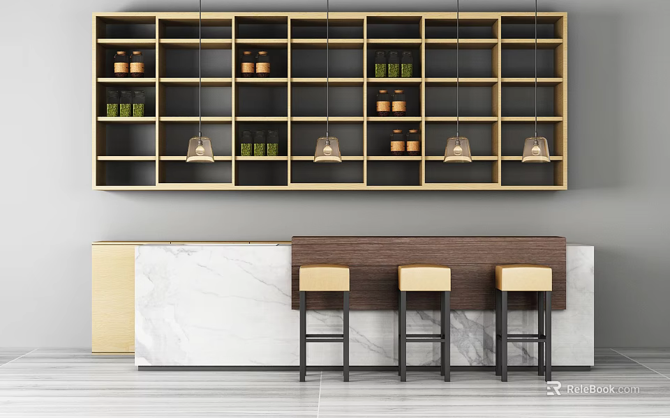 Modern Bar Counter with Overhead Wooden Shelves Bottles Pendant Lights Marble Top and Stools 3d model 