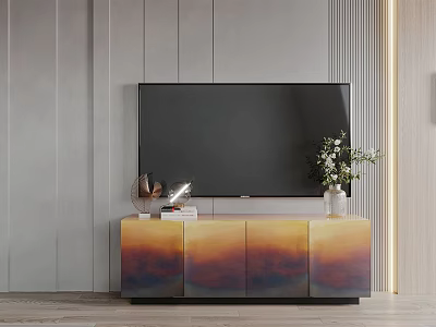 Modern TV Stand Design With Gradient Color And TV Vase Flowers On Grey Wall 3d model