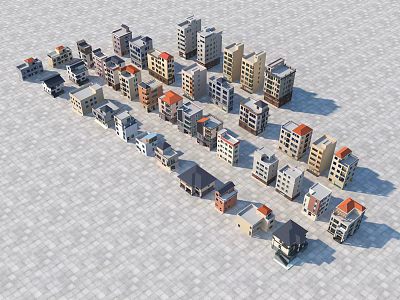 Diverse Residential Buildings With Various Designs Varying Heights And Colorful Roofs Arranged On Paved Ground 3d model